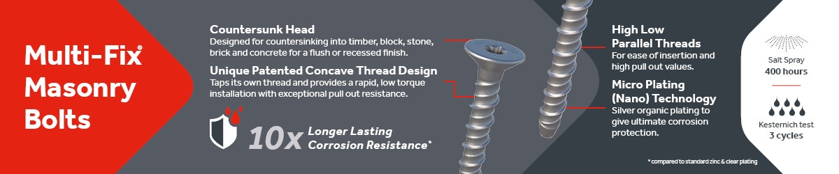 Multi-Fix Masonry Concrete Bolts - Countersunk - Exterior (Silver Organic) - 8mm Ø Hole
