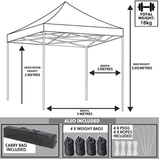 Dellonda Premium 3 x 3m Pop-Up Gazebo, PVC Coated, Water Resistant, Supplied with Carry Bag, Rope, Stakes & Weight Bags